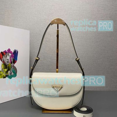 Replica Prada Arqué Ivory White Leather Shoulder Bag with Flap